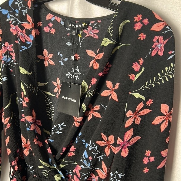 Parisian romper size 6 .black,floral multicolor long sleeve,  faux wrap,surplice - Picture 11 of 15